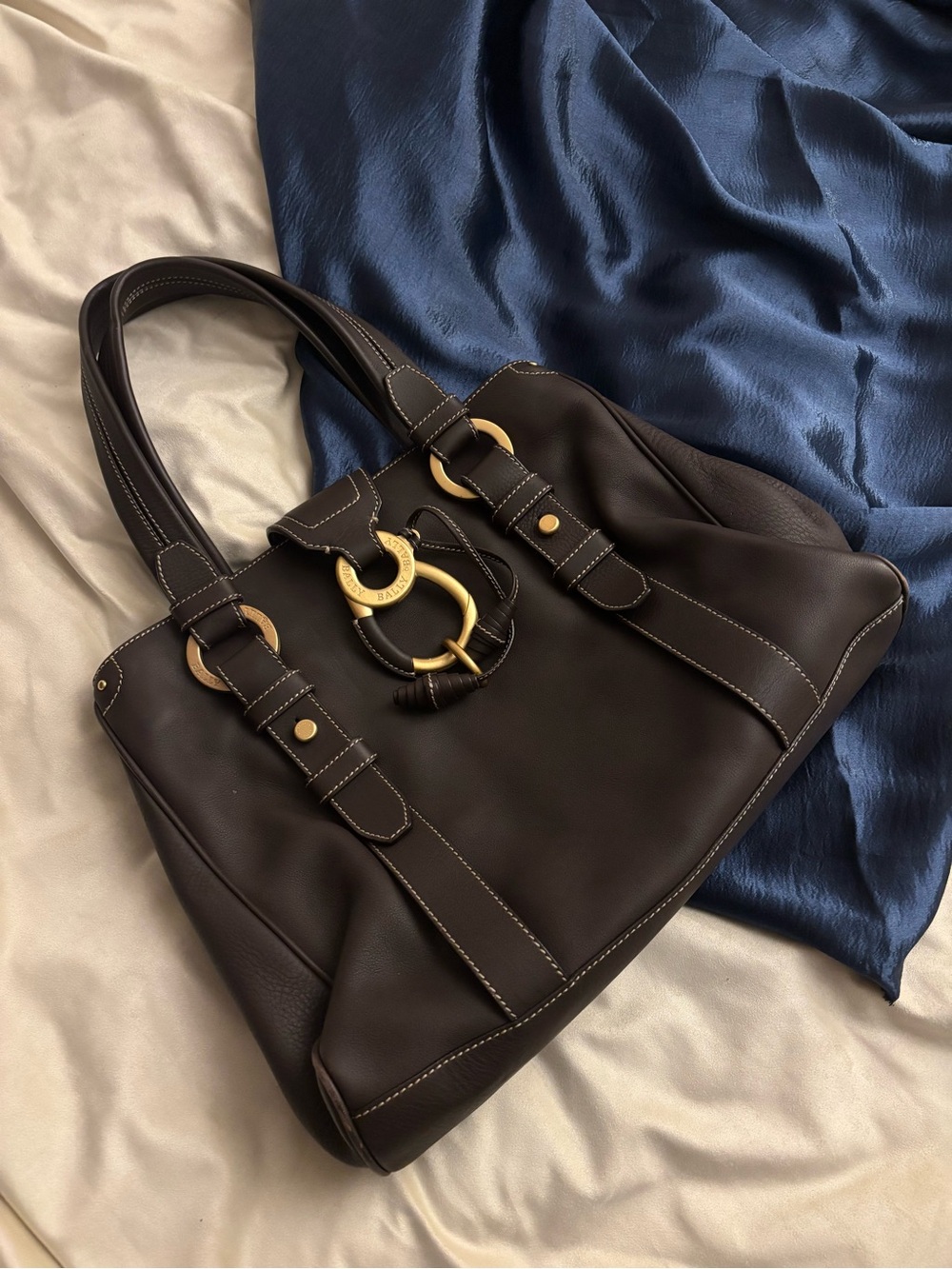 Bally Dark Brown Leather Shoulder Bag with Gold Rings